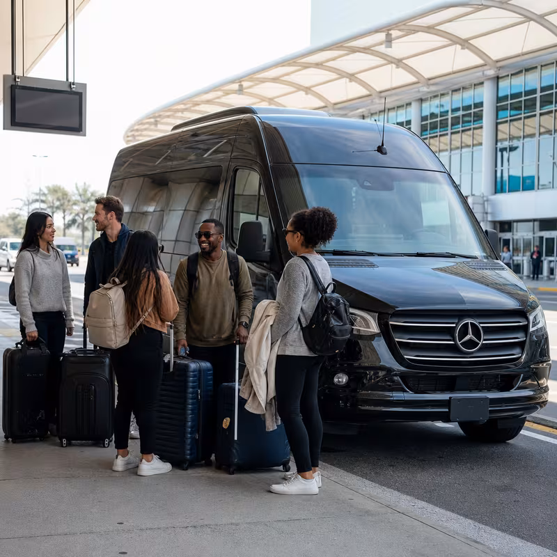Group boarding a white charter bus for Airport Transportation transportation in Orlando