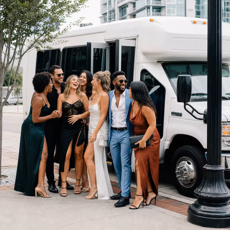 Black Mercedes Sprinter van staged for an Orlando Bachelor & Bachelorette Transportation group
