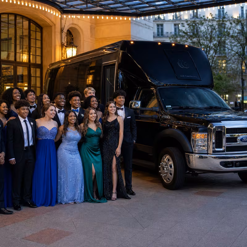 Party bus interior with wraparound leather seating and LED lighting in Orlando
